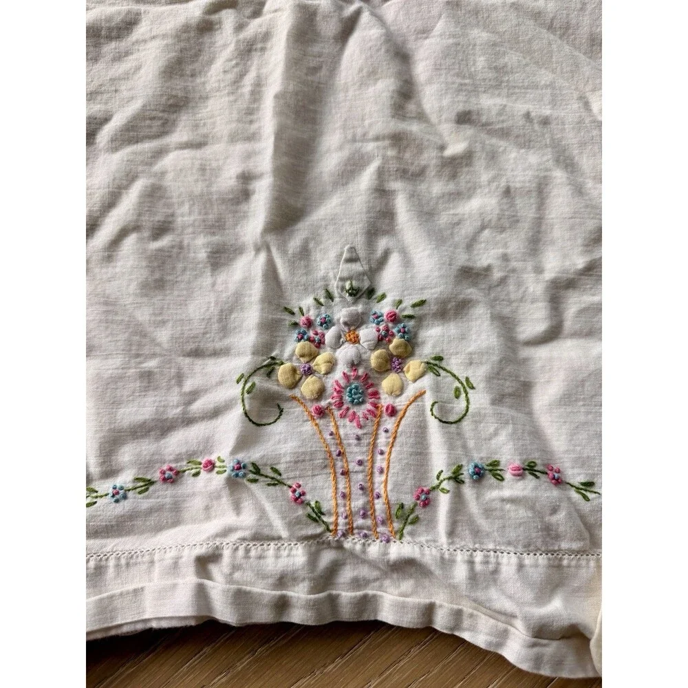 Vintage Handmade Embroidered Standard Pillowcases Floral Set Of 2 Matching